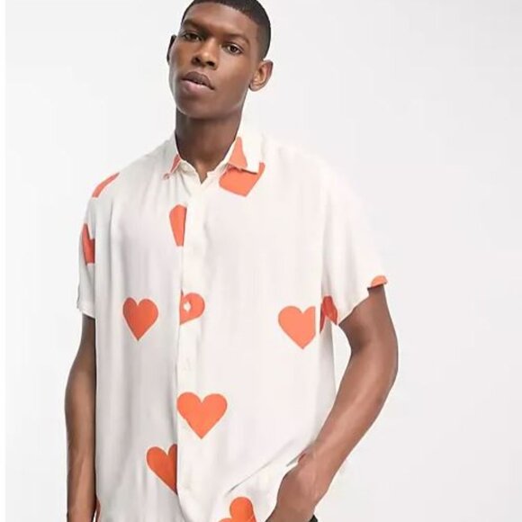 Asos Design Relaxed Fit Button Down  Heart Print Men's‎ Shirt XS - Picture 1 of 6